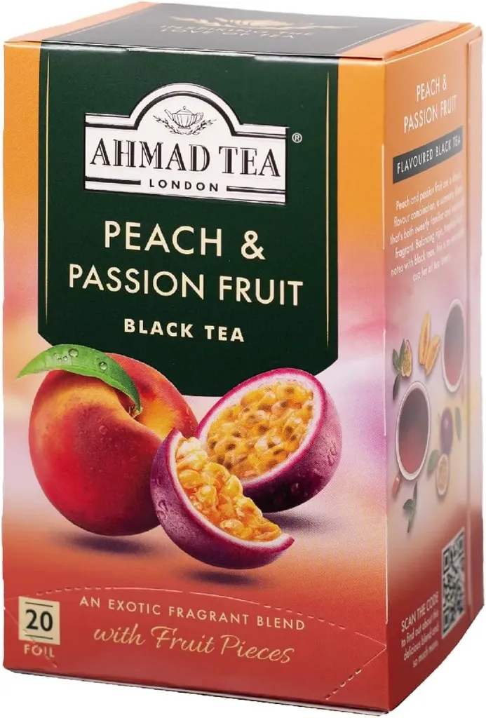 [شاي اسود احمد تي بالخوخ 20 ظرف بالباكت] Ahmad Tea Flavored Black Tea Fruit Pieces, 20 Foil Tea Bags (Peach)