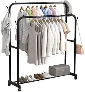 [حامل ملابس معدني بعجلات مزدوجة] Metal clothes stand with wheel