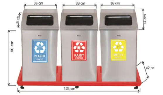 Waste container 3 parts stainless steel 237L 